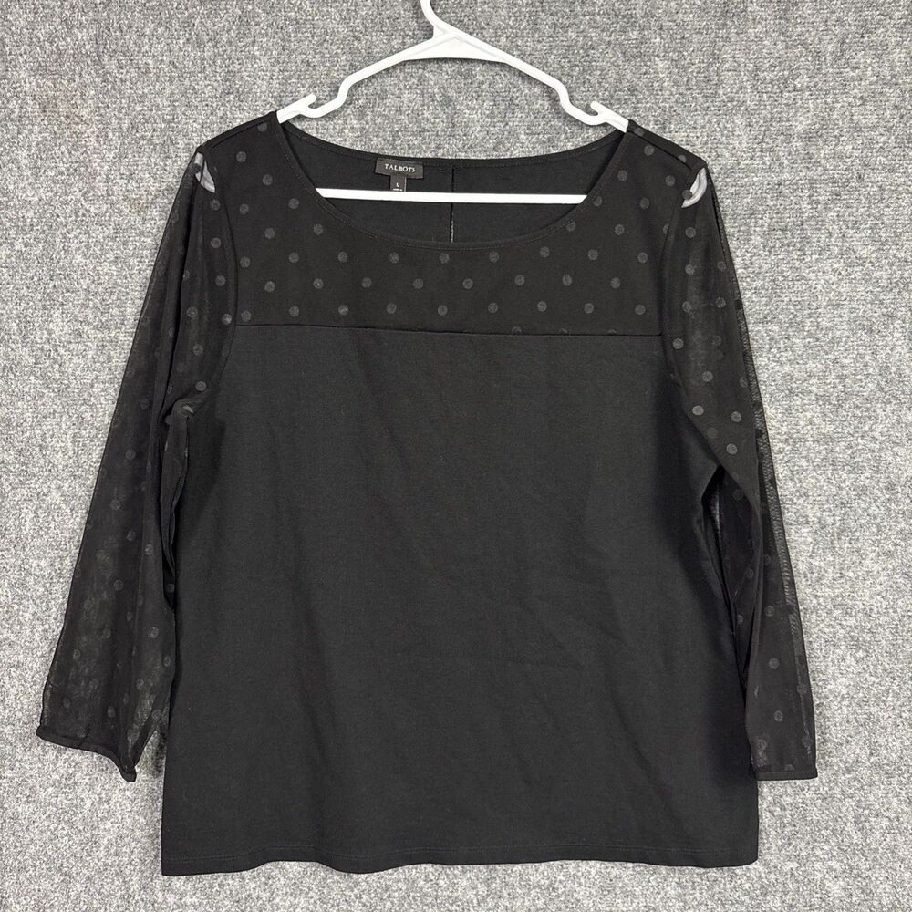 Talbots Top Blouse  Womens Size L Black Sheer Sleeves Polka Dots